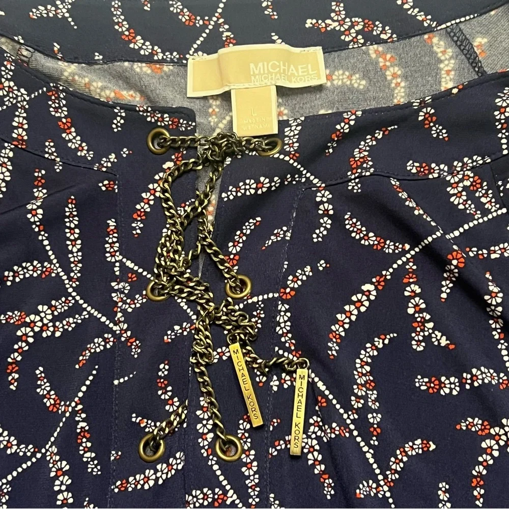 MICHAEL Michael Kors Floral Print‎ Long Sleeve Chain-Lace-Up Top Blouse Sz Large